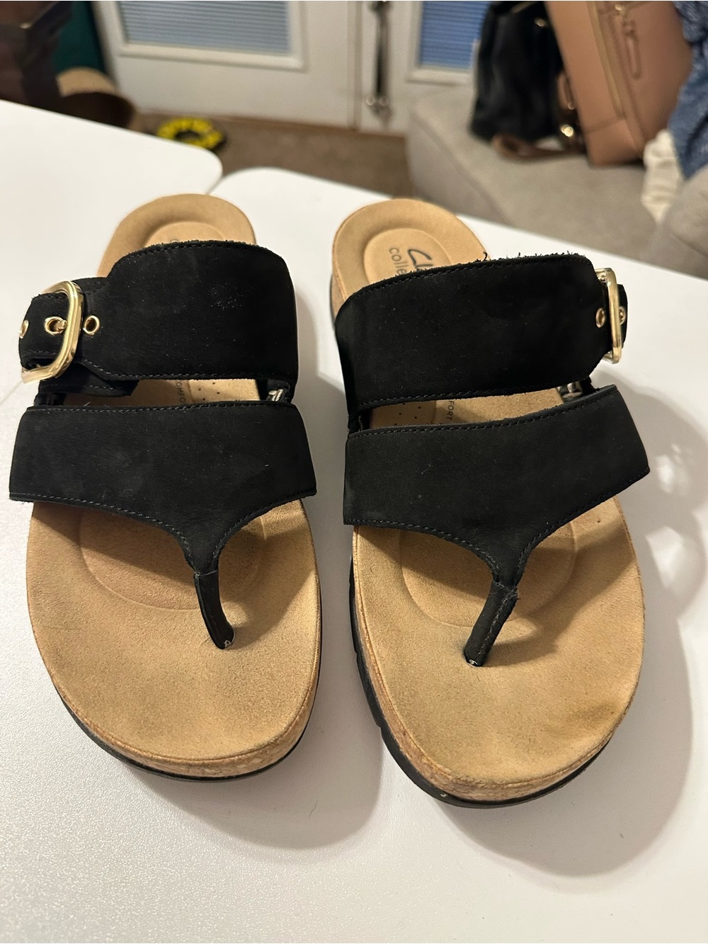 Comfort Suede Black Toe-Post Sandal with Buckle